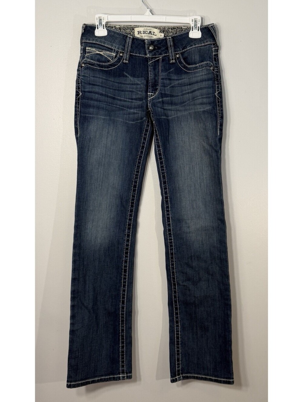 Ariat Real Denim Straight Icon Med Wash Western Jeans Contrast Stitching 27R EUC